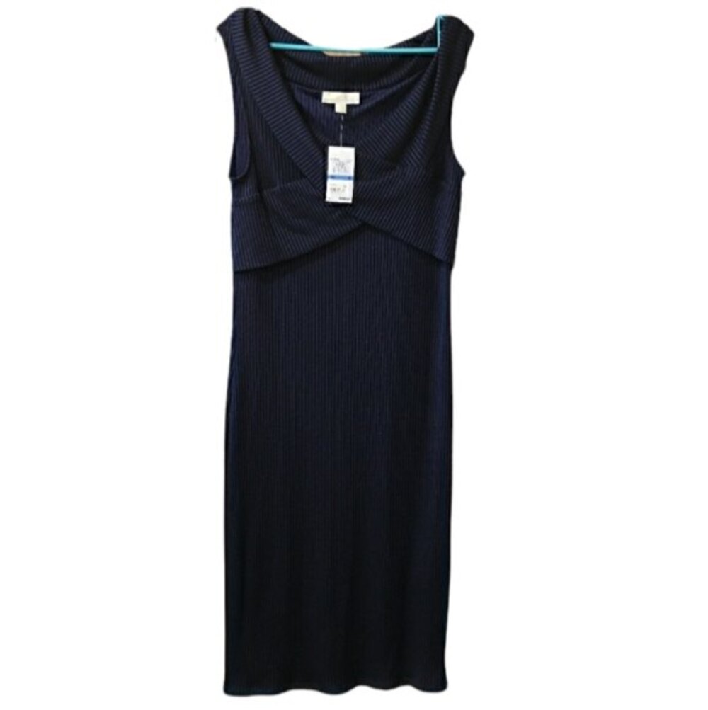 Michael Michael Kors Navy Blue Ribbed Knit Stretch Midi Dress Gold Zip XL